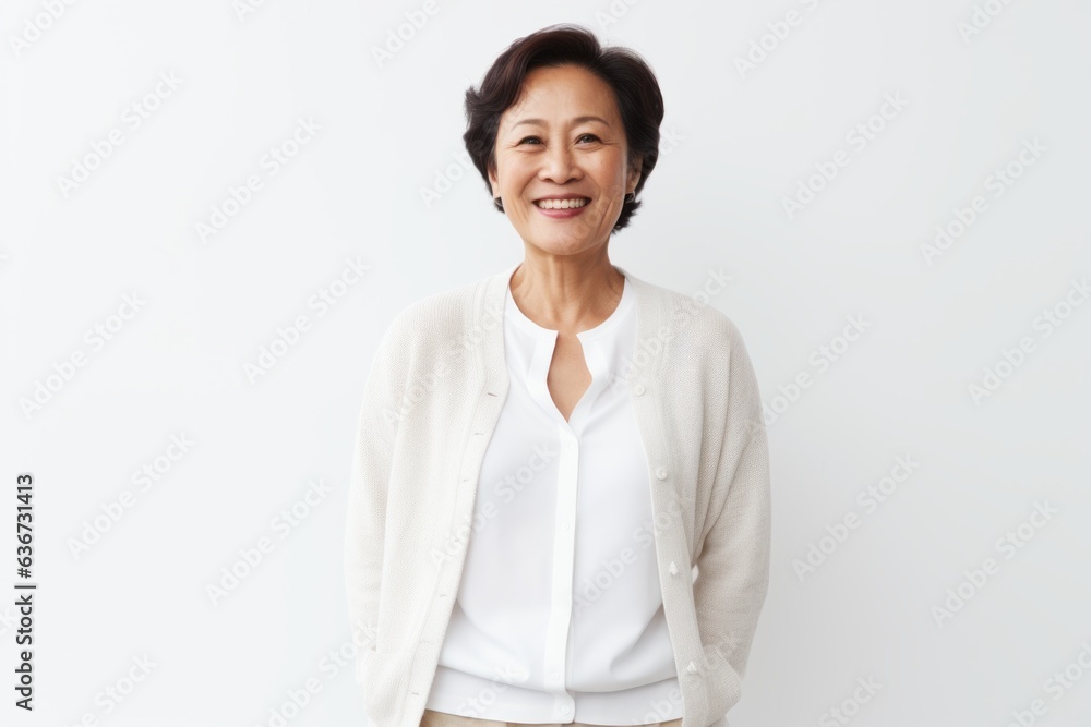 Portrait of pleased middle-aged asian woman in white blouse, smiling broadly and looking at camera, standing over gray background Portrait of pleased middle-aged asian woman in white blouse, smiling broadly and looking at camera, standing over gray background