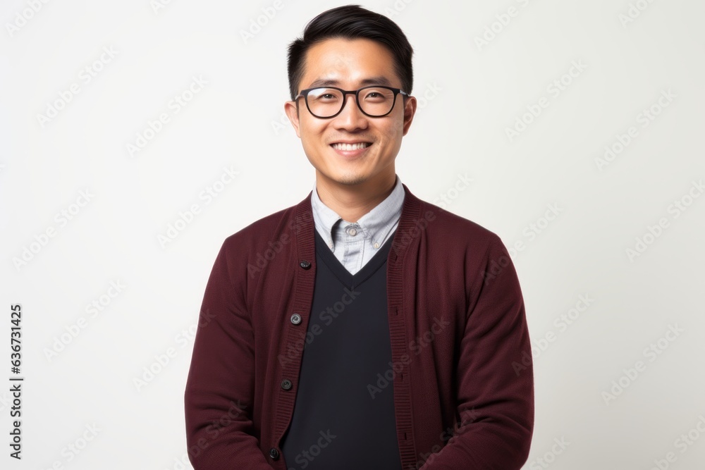 Portrait of a Chinese man in his 30s in a white background wearing a chic cardigan Portrait of a Chinese man in his 30s in a white background wearing a chic cardigan