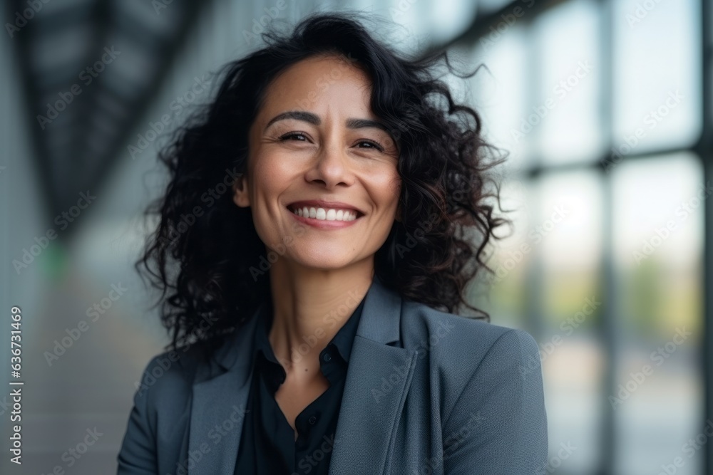 Fototapeta premium Portrait of a smiling businesswoman standing in office lobby and looking at camera