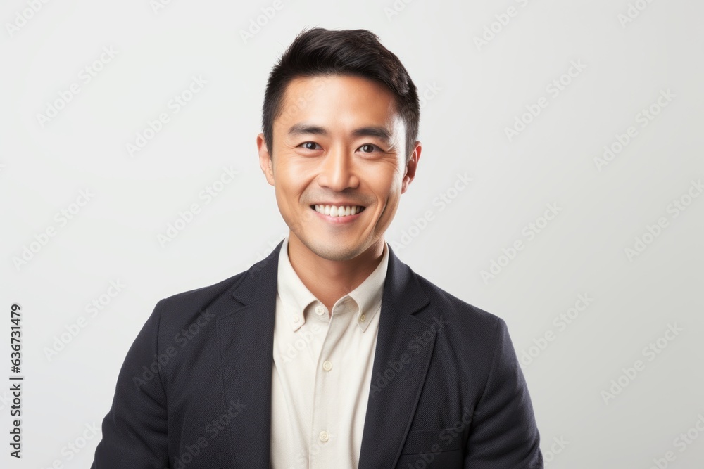 Portrait of a Chinese man in his 30s in a white background wearing a chic cardigan Portrait of a Chinese man in his 30s in a white background wearing a chic cardigan