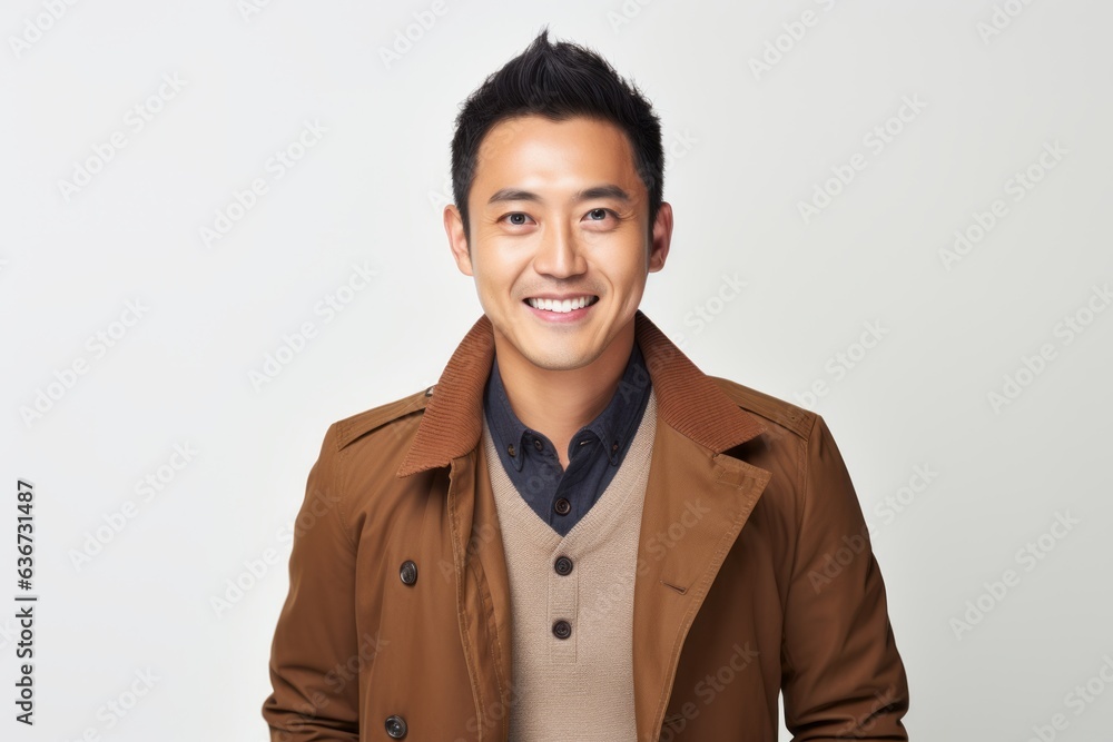 Portrait of a Chinese man in his 30s in a white background wearing a chic cardigan Portrait of a Chinese man in his 30s in a white background wearing a chic cardigan