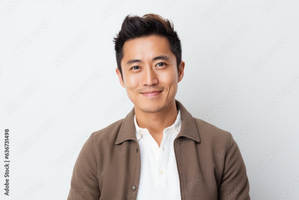 Portrait of a Chinese man in his 30s in a white background wearing a chic cardigan Portrait of a Chinese man in his 30s in a white background wearing a chic cardigan