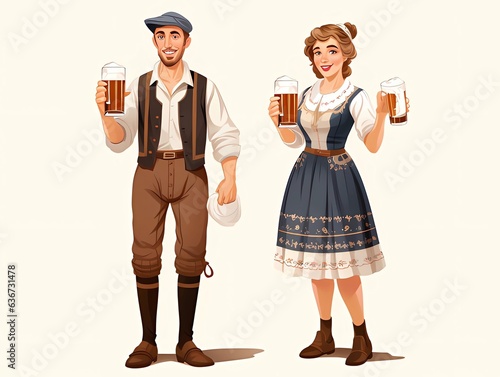 People in traditional German  Bavarian costume holding beer mugs  Oktoberfest  cartoon vector illustration isolated on white background   AI generator