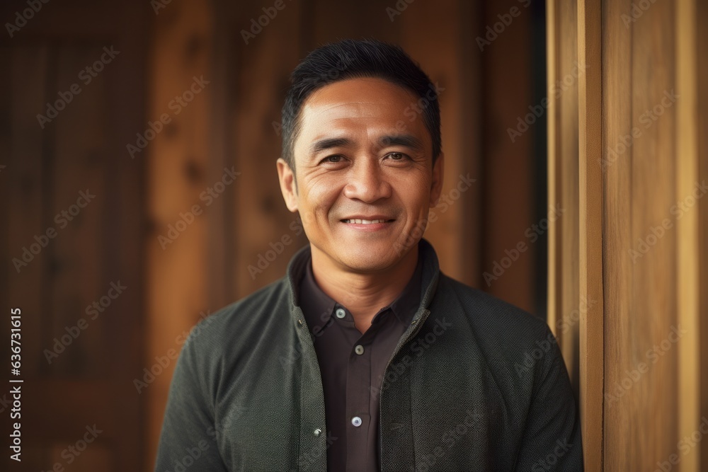 Portrait of a smiling asian man standing in front of a door Portrait of a smiling asian man standing in front of a door