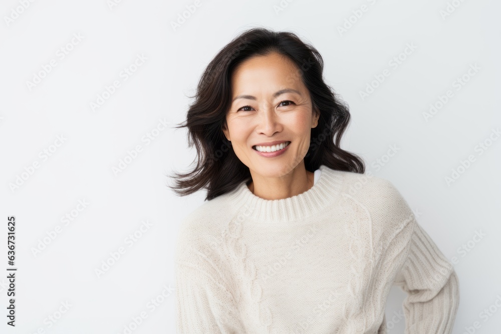 Portrait of a Chinese woman in her 40s in a white background wearing a cozy sweater Portrait of a Chinese woman in her 40s in a white background wearing a cozy sweater