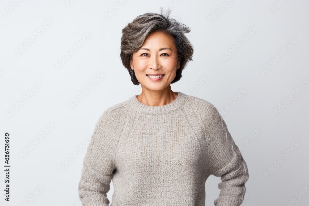 Portrait of a Chinese woman in her 40s in a white background wearing a cozy sweater Portrait of a Chinese woman in her 40s in a white background wearing a cozy sweater