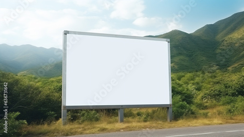 Blank billboard sign mock up template near the road. Forest and mountains nature landscape. Ad panel on road. © ckybe
