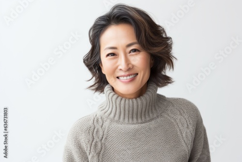 Portrait of a Chinese woman in her 40s in a white background wearing a cozy sweater © Eber Braun