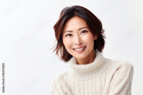Portrait of a Chinese woman in her 40s in a white background wearing a cozy sweater © Eber Braun