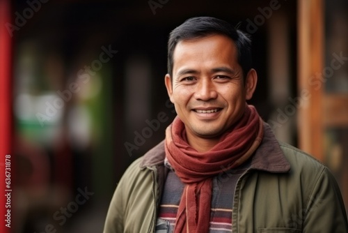 Portrait of a handsome asian man smiling in the street.