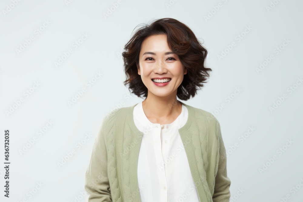 Portrait of a Chinese woman in her 40s in a white background wearing a chic cardigan Portrait of a Chinese woman in her 40s in a white background wearing a chic cardigan