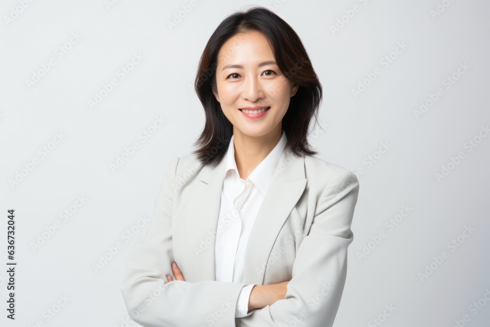 Portrait of a Chinese woman in her 40s in a white background wearing a classic blazer Portrait of a Chinese woman in her 40s in a white background wearing a classic blazer