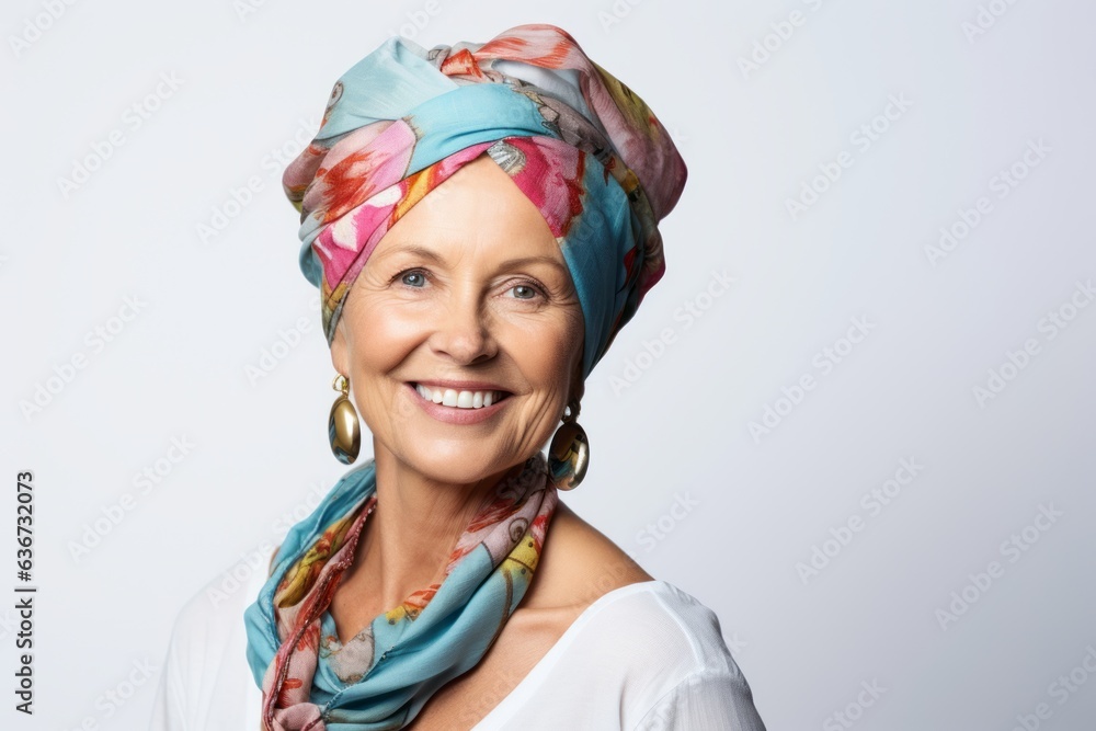 Portrait of a Russian woman in her 50s in a white background wearing a foulard