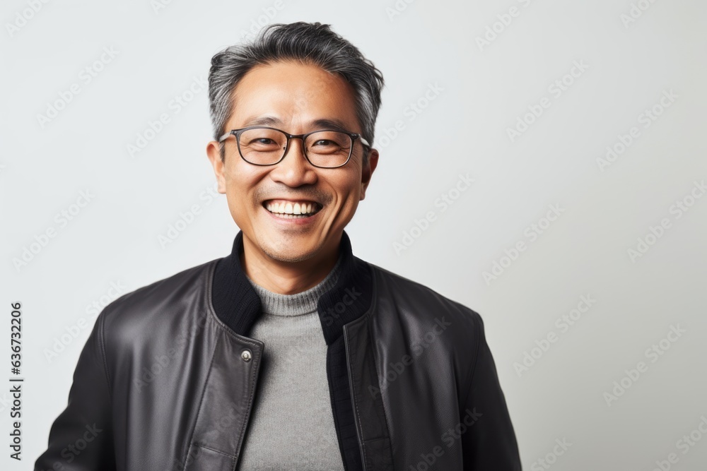 Portrait of a happy asian man in black leather jacket and glasses Portrait of a happy asian man in black leather jacket and glasses