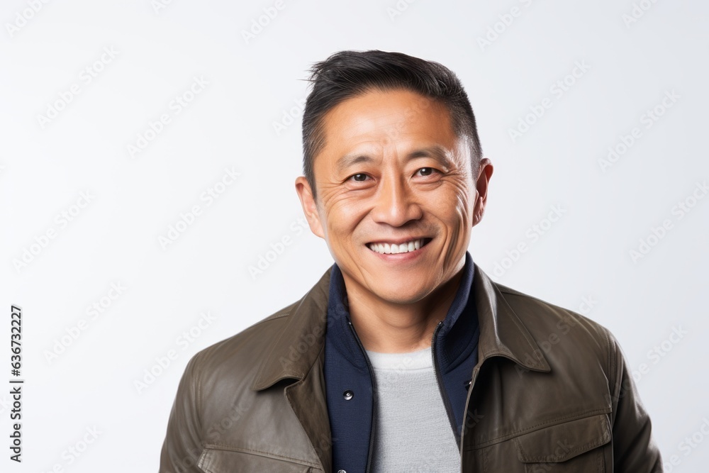 Portrait of a smiling asian man in leather jacket on white background Portrait of a smiling asian man in leather jacket on white background