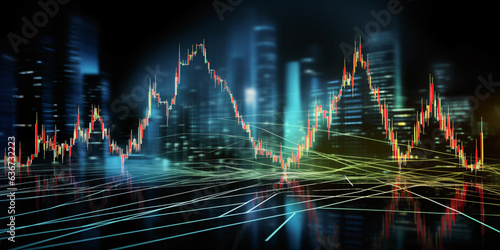 Economic crisis, financial background. Double exposure of Coins and US dollars bank note currency with financial graph chart falling due to global economic recession, stock market crash, inflation