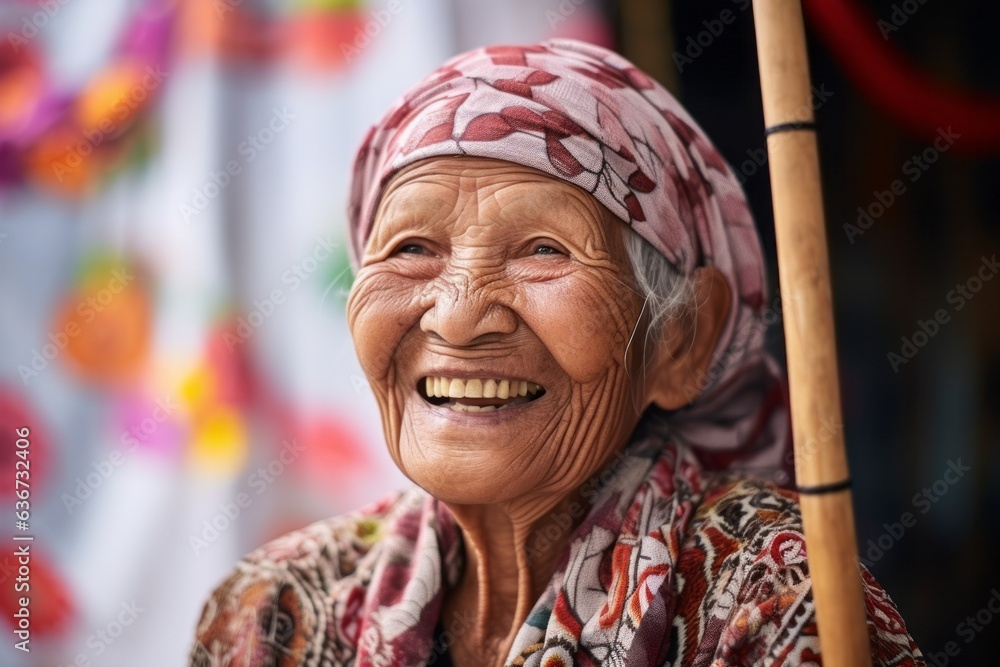 Obraz premium Old asian woman wearing traditional clothes and smiling at the camera.