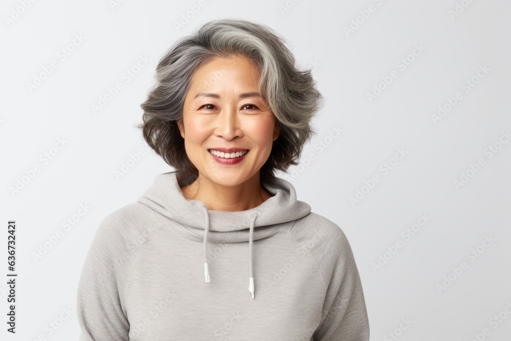 Portrait of a smiling senior asian woman in grey hoodie Portrait of a smiling senior asian woman in grey hoodie