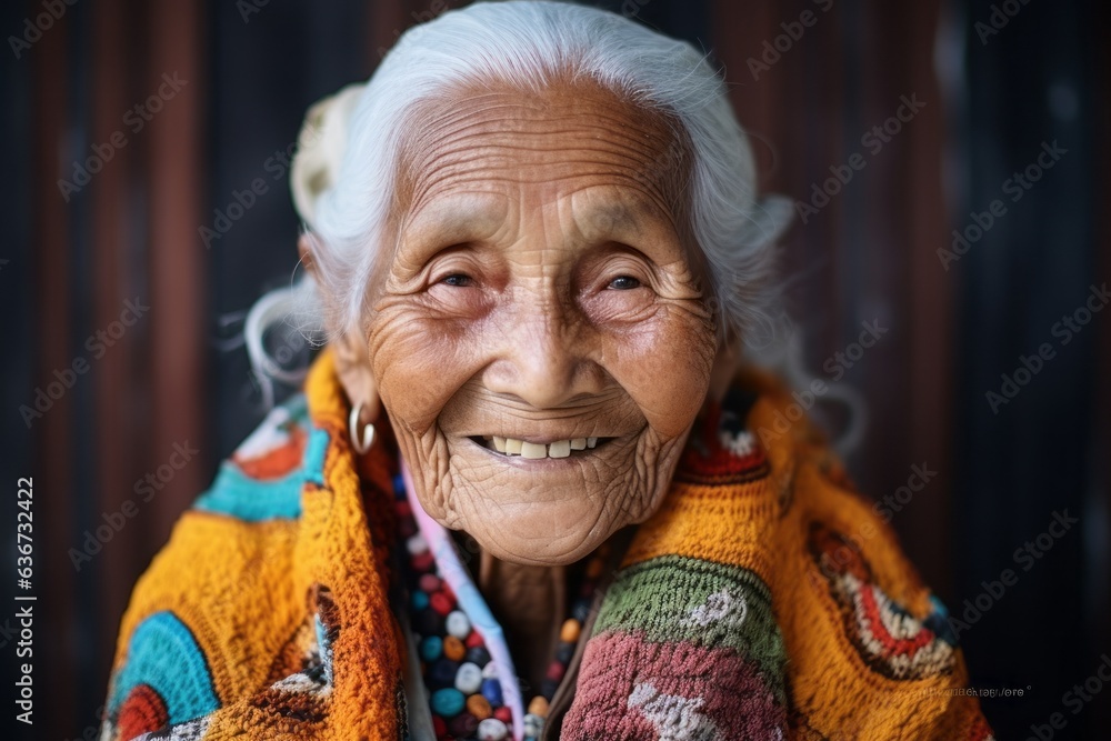 Portrait of an old woman with a smile on her face.