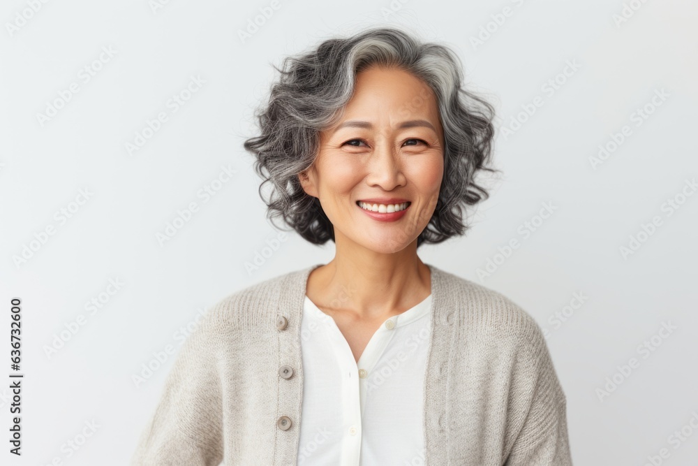 Portrait of happy asian senior woman with grey hair smiling at camera Portrait of happy asian senior woman with grey hair smiling at camera
