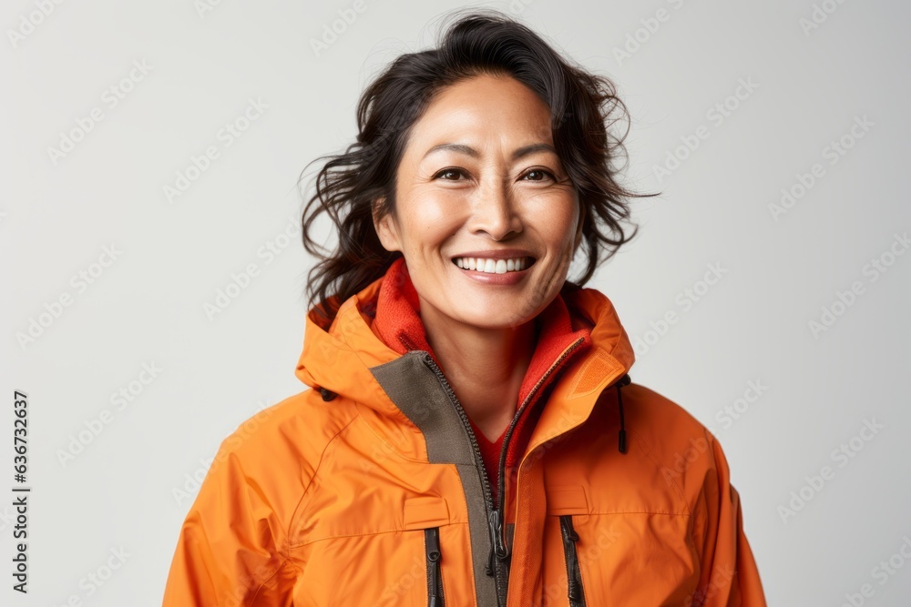 Portrait of a smiling woman in an orange jacket on a white background Portrait of a smiling woman in an orange jacket on a white background