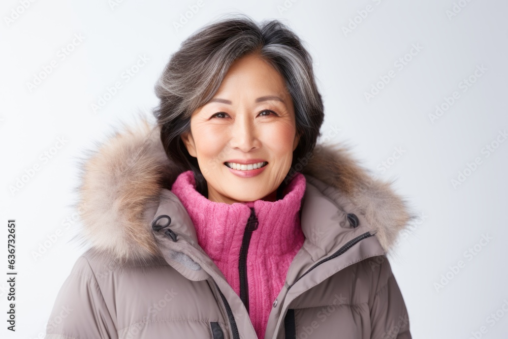 senior asian woman wearing winter jacket isolated on white background. senior asian woman wearing winter jacket isolated on white background.
