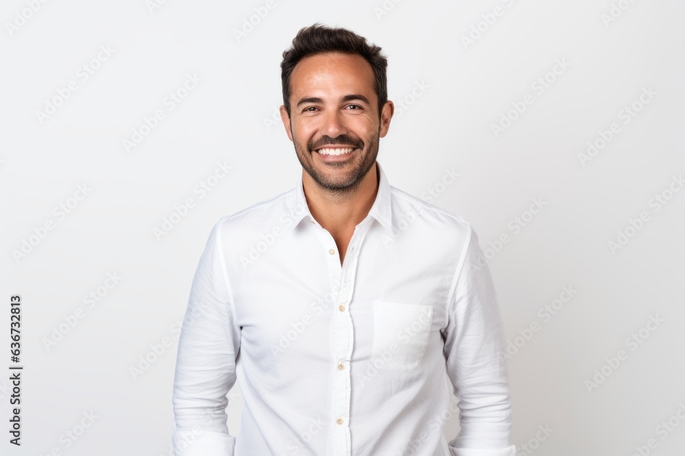 Portrait of a handsome young man smiling at the camera while standing against white background Portrait of a handsome young man smiling at the camera while standing against white background