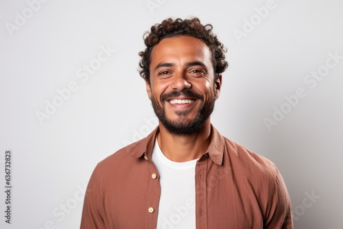 Portrait of a Brazilian man in his 30s in a white background wearing a chic cardigan