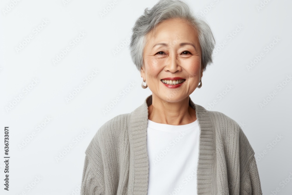 Portrait of smiling senior asian woman looking at camera over white background Portrait of smiling senior asian woman looking at camera over white background