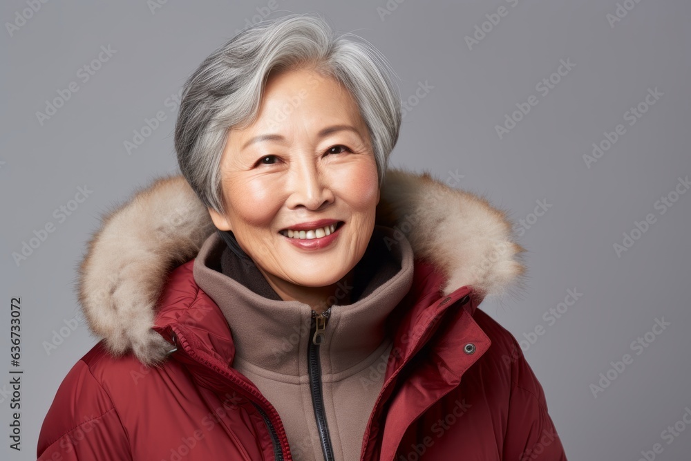 Portrait of a smiling senior asian woman wearing warm winter jacket Portrait of a smiling senior asian woman wearing warm winter jacket