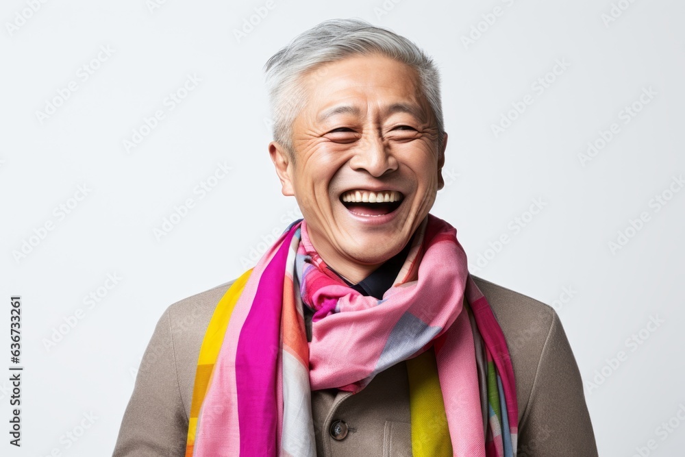 Portrait of a happy senior asian man wearing scarf isolated on a white background