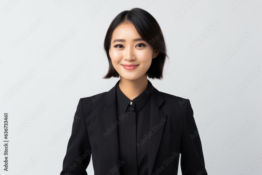 Portrait of smiling asian business woman in black suit, isolated on white background Portrait of smiling asian business woman in black suit, isolated on white background