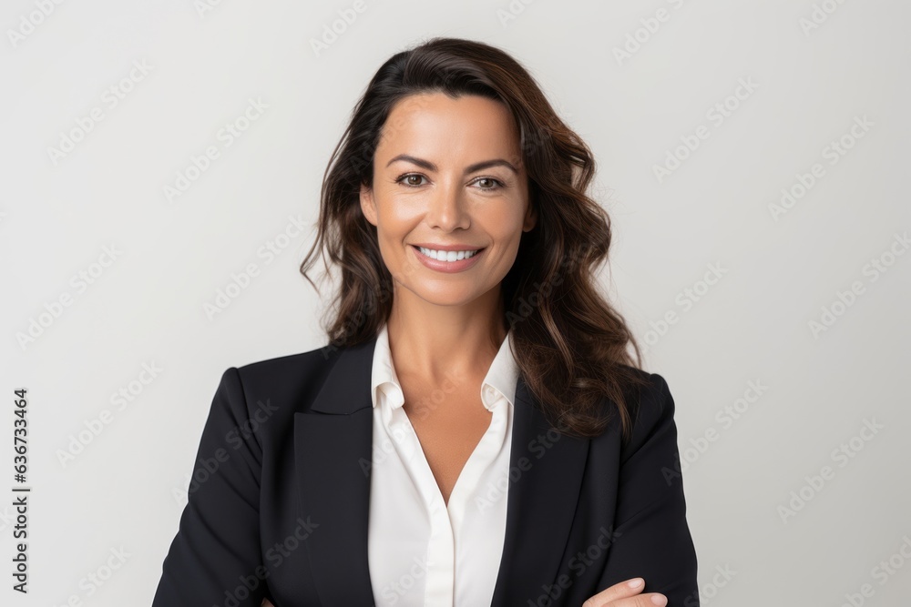 Portrait of a Brazilian woman in her 40s in a white background wearing a classic blazer Portrait of a Brazilian woman in her 40s in a white background wearing a classic blazer