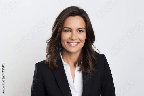 Portrait of a Brazilian woman in her 40s in a white background wearing a classic blazer