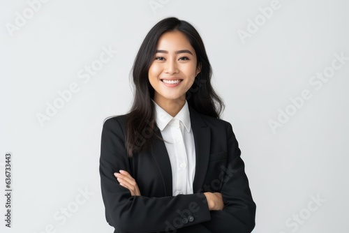 Portrait of smiling asian businesswoman with crossed arms standing over white background