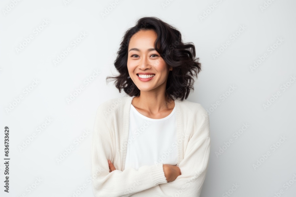 Portrait of a smiling woman with arms crossed standing against white background Portrait of a smiling woman with arms crossed standing against white background