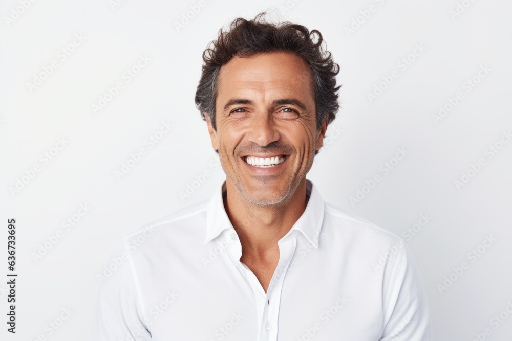 Portrait of handsome middle-aged man smiling at camera while standing against white background Portrait of handsome middle-aged man smiling at camera while standing against white background