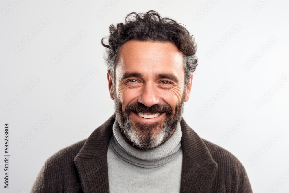 Portrait of a smiling middle-aged man in a sweater and scarf on a white background Portrait of a smiling middle-aged man in a sweater and scarf on a white background