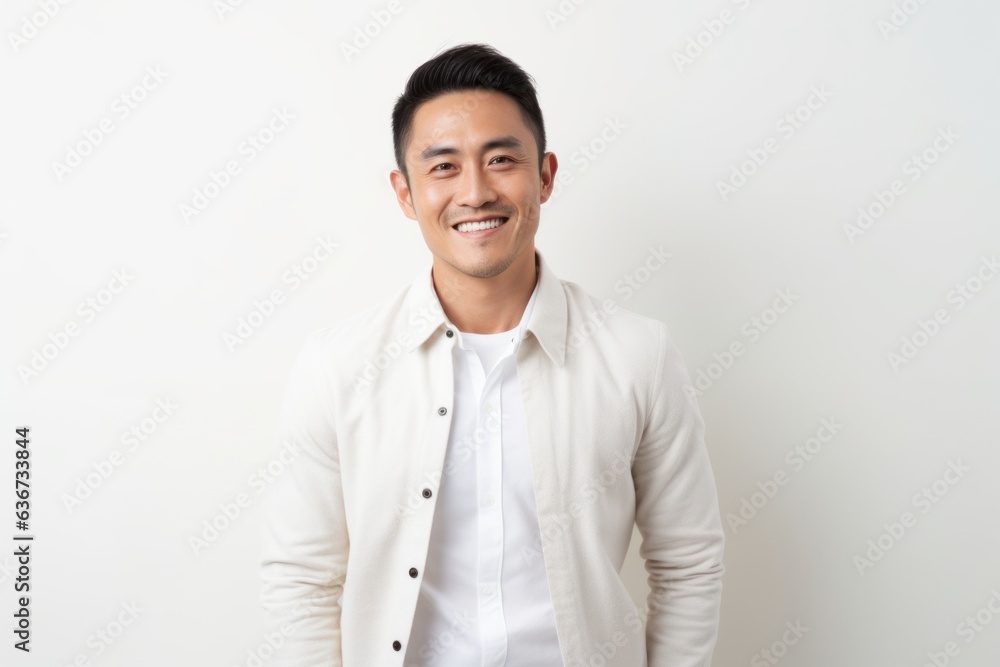 Handsome asian man smiling on white background with copy space Handsome asian man smiling on white background with copy space