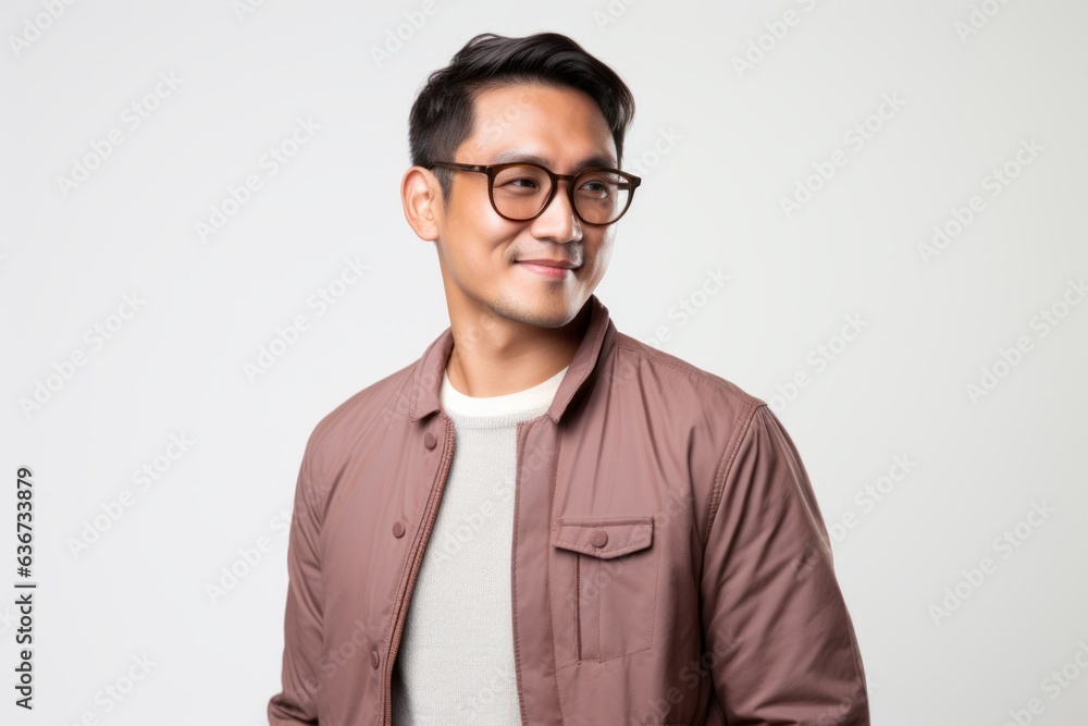Portrait of a young asian man wearing glasses on white background
