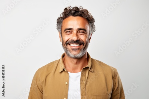Portrait of a handsome middle-aged man smiling against a white background