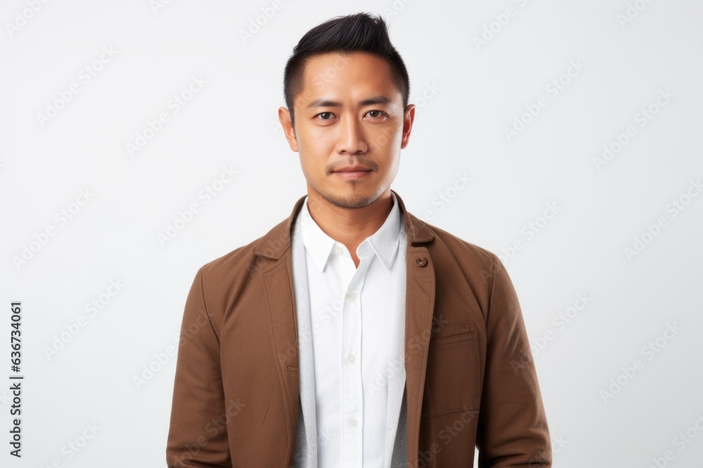 Handsome asian young man in brown jacket on white background Handsome asian young man in brown jacket on white background