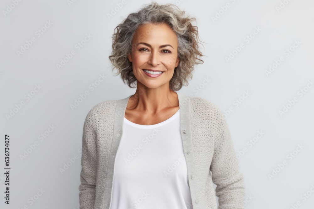 Portrait of beautiful mature woman smiling at camera, isolated on grey background Portrait of beautiful mature woman smiling at camera, isolated on grey background