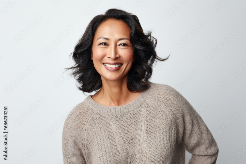 Portrait of a smiling middle-aged woman standing against white background Portrait of a smiling middle-aged woman standing against white background