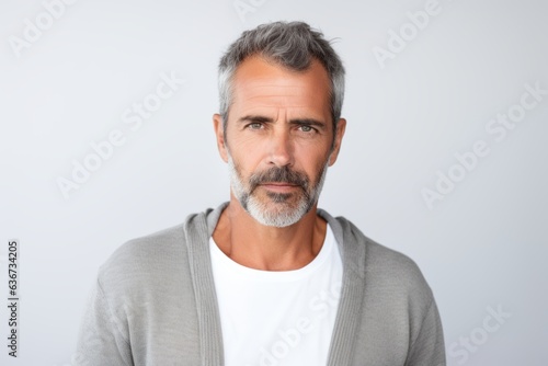Portrait of mature man with grey hair looking at camera isolated on white background