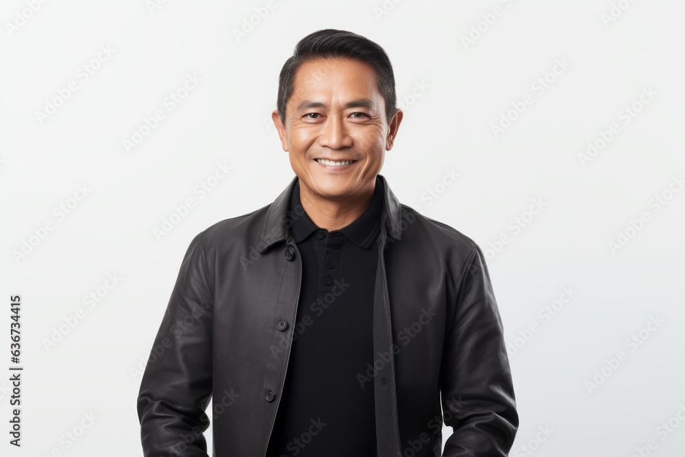 Portrait of smiling asian man in black jacket looking at camera Portrait of smiling asian man in black jacket looking at camera