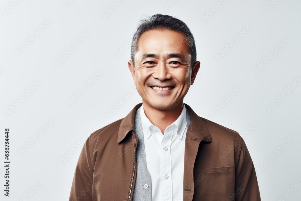 Portrait of a smiling mature Asian man in brown jacket looking at camera Portrait of a smiling mature Asian man in brown jacket looking at camera