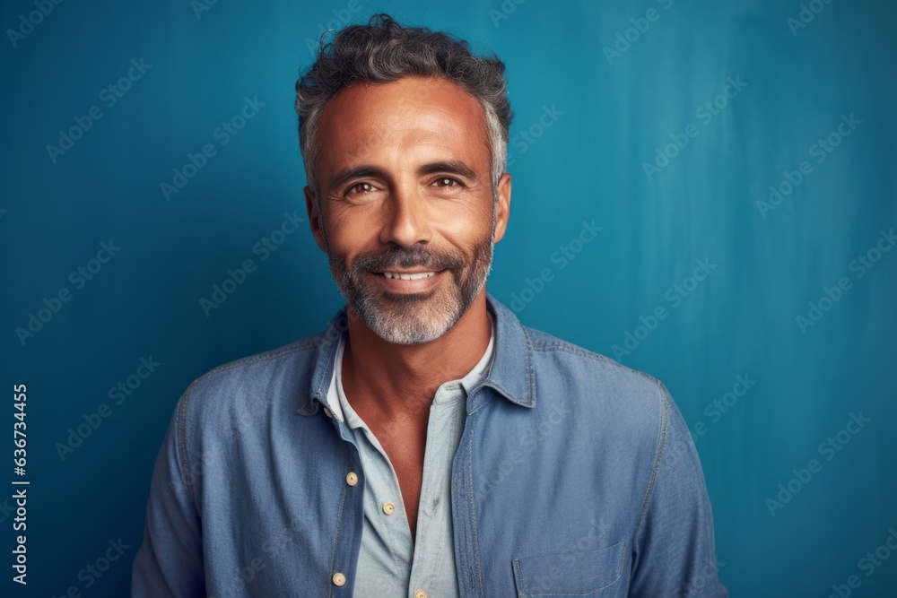 Handsome middle-aged man smiling at camera while standing against blue background Handsome middle-aged man smiling at camera while standing against blue background