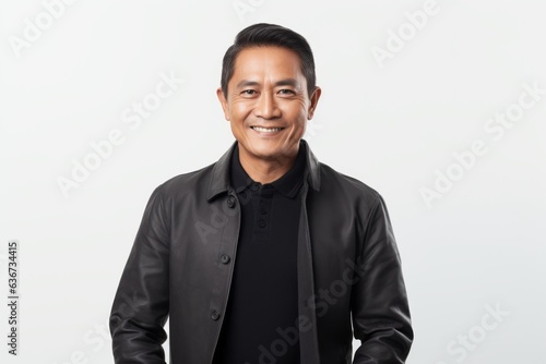 Portrait of smiling asian man in black jacket looking at camera