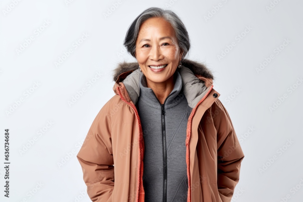 smiling asian senior woman in winter jacket over white background. smiling asian senior woman in winter jacket over white background.